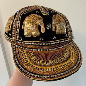 Unique Boho Vintage Velvet Sequined Embroidered Tapestry Elephant Burmese Hat